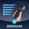 A hand holds a portable handheld turbo fan with various speed settings displayed on a screen.