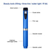 A blue reusable injection pen with various parts labeled including a start button, scale table, pen cap, needle holder, and n