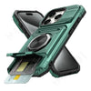 A green magnetic ring kickstand phone case is shown with a credit card inserted.