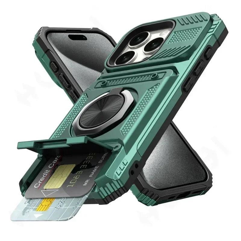 A green magnetic ring kickstand phone case is shown with a credit card inserted.