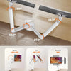 Ergonomic dual monitor mount showing 360-degree swivel, tilt, and rotation adjustments for flexible display positioning.