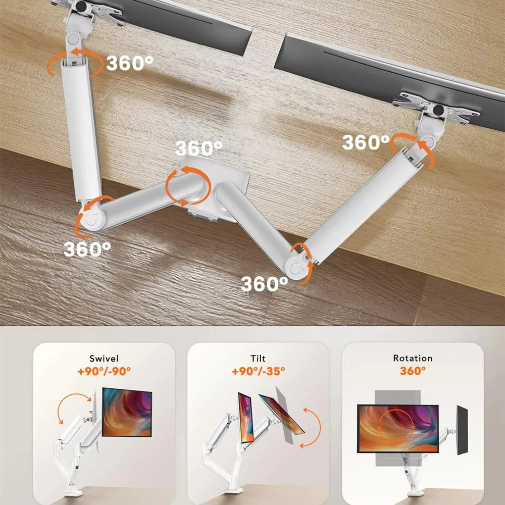 Ergonomic dual monitor mount showing 360-degree swivel, tilt, and rotation adjustments for flexible display positioning.