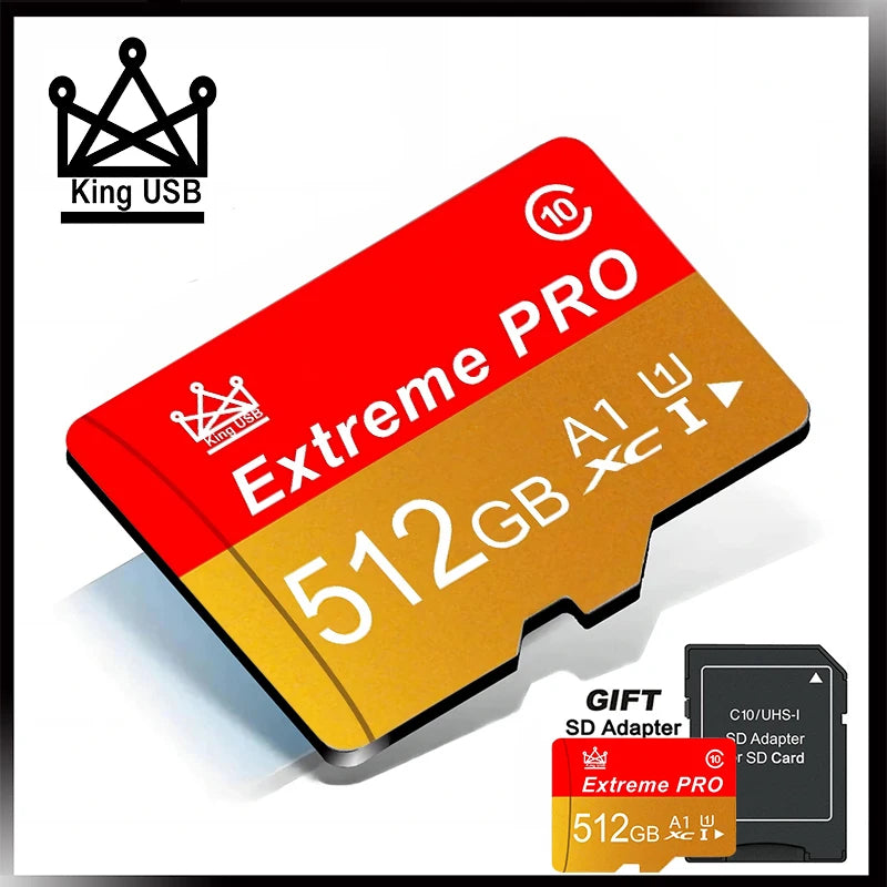 محول بطاقة SD أحمر وبرتقالي من طراز Extreme PRO بسعة 512 جيجابايت مع شعار King USB.