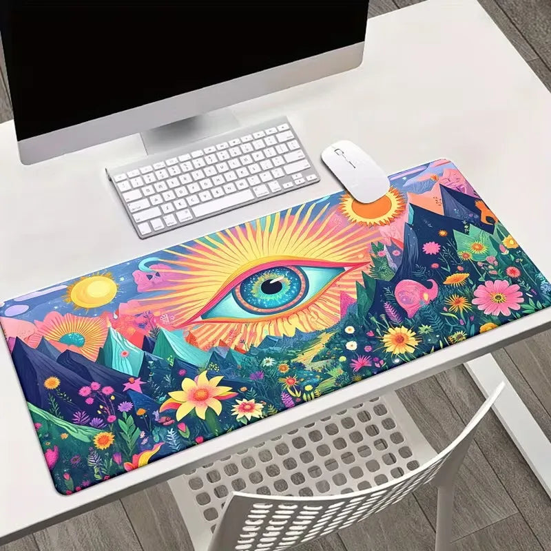 A vibrant, colorful gaming mouse pad featuring an eye design and nature elements, placed on a white desk.