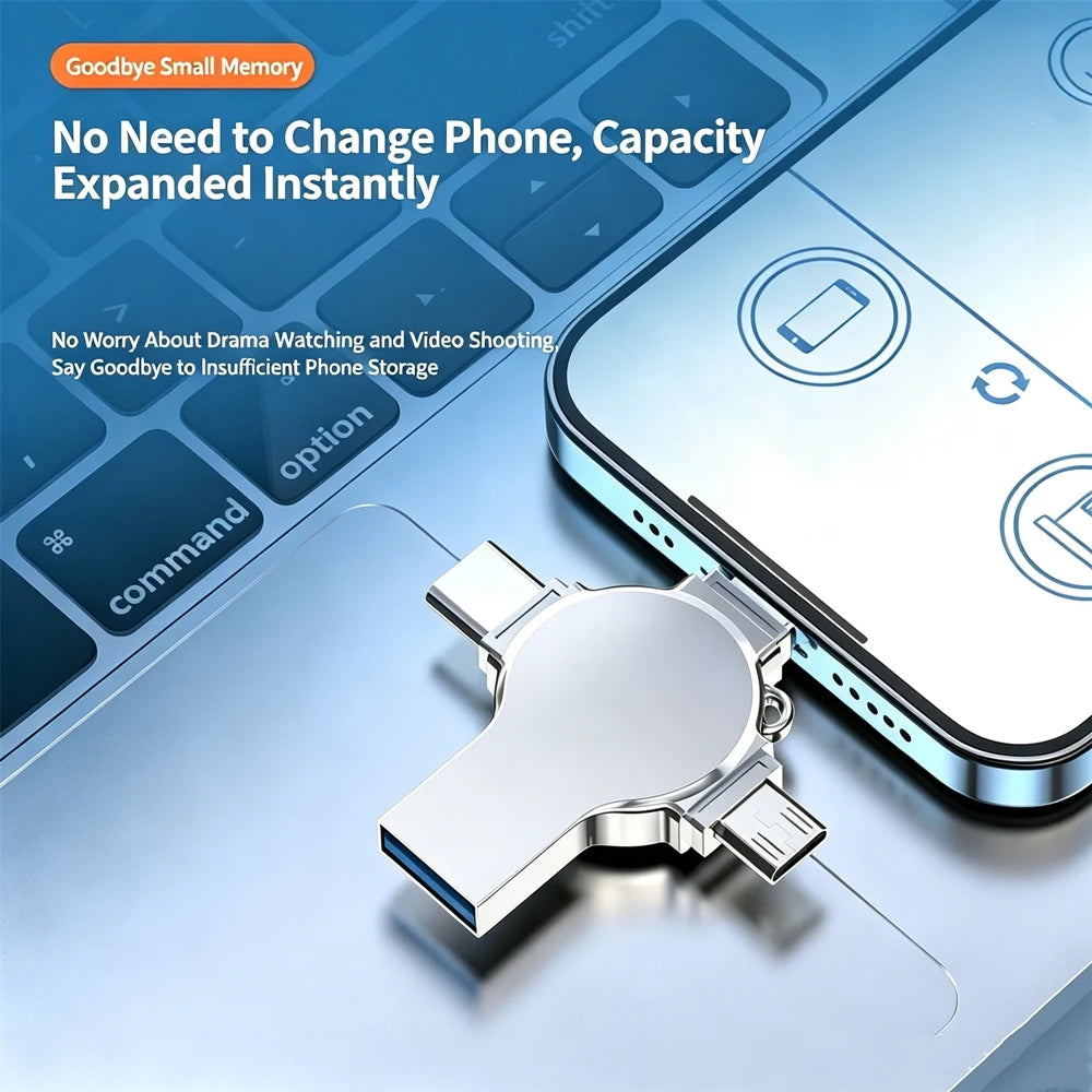 A silver external flash drive is shown next to a smartphone, illustrating instant capacity expansion.