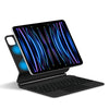 A black Magic Keyboard cover is shown with an iPad Pro or Air device displaying a vibrant blue and purple abstract design.