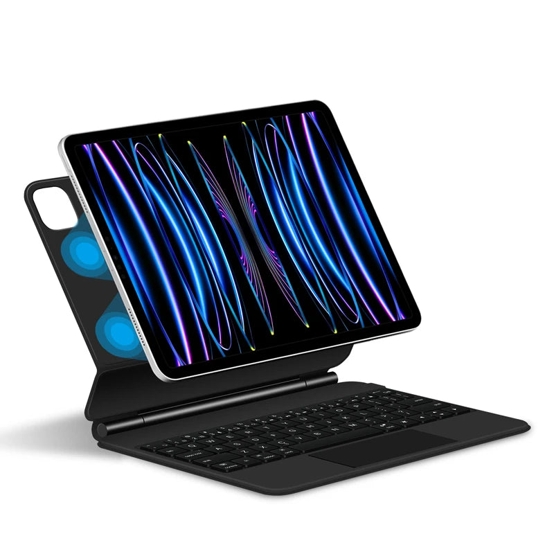 A black Magic Keyboard cover is shown with an iPad Pro or Air device displaying a vibrant blue and purple abstract design.