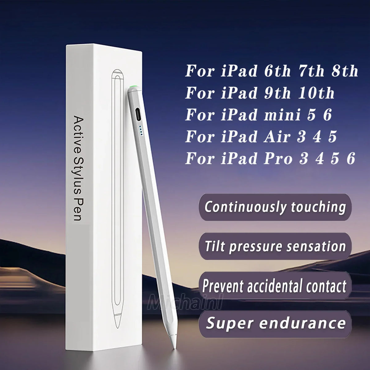 A white Active Stylus Pen is shown next to its packaging, with text listing compatible iPad models.