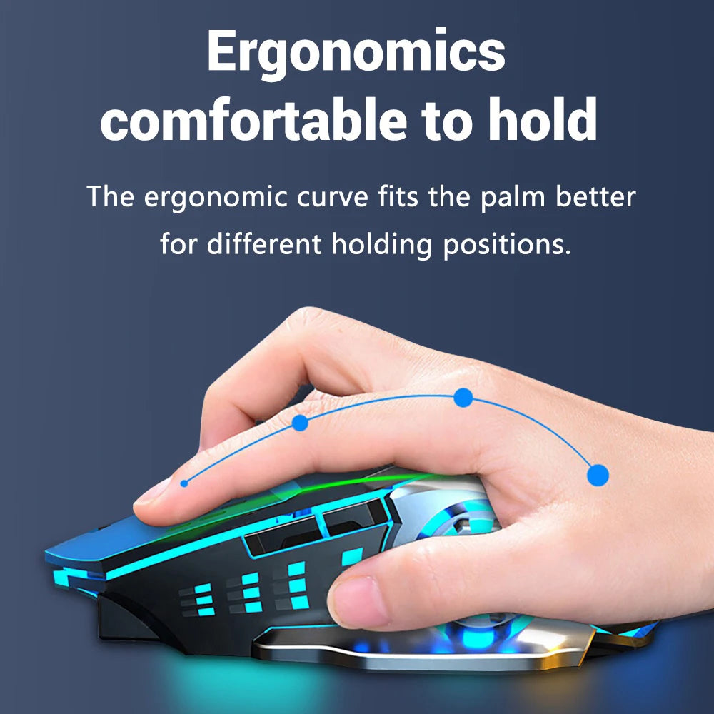 A hand holds a black and blue wireless mouse, demonstrating its ergonomic curve for comfortable gripping.