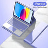 Purple case and detachable Bluetooth keyboard for an iPad shown on a white surface.