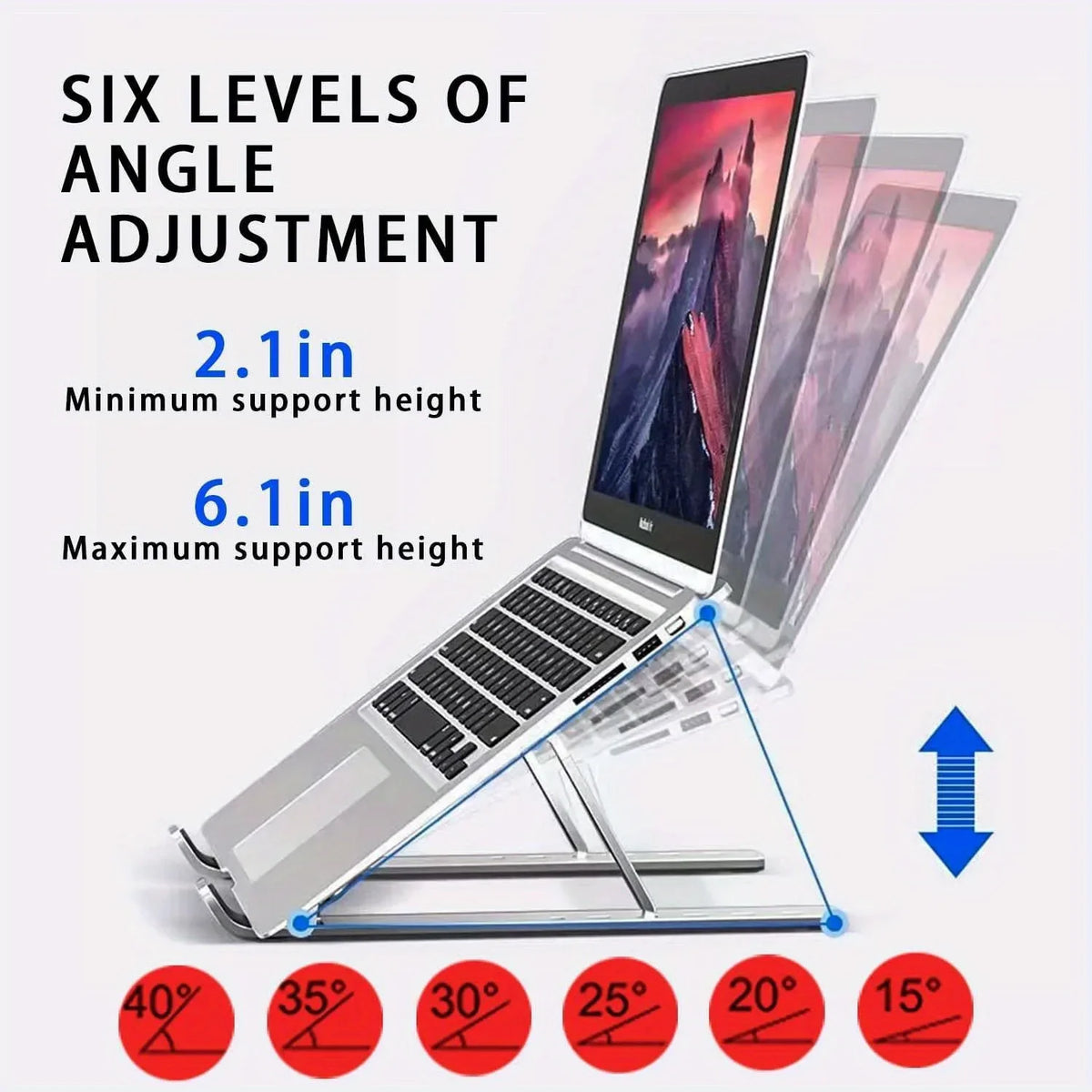 An adjustable aluminum laptop stand demonstrating six levels of angle adjustment for a laptop.
