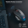 A dark gray wireless gaming mouse is shown next to a laptop keyboard, demonstrating reliable 2.4GHz connection and a 10m rang