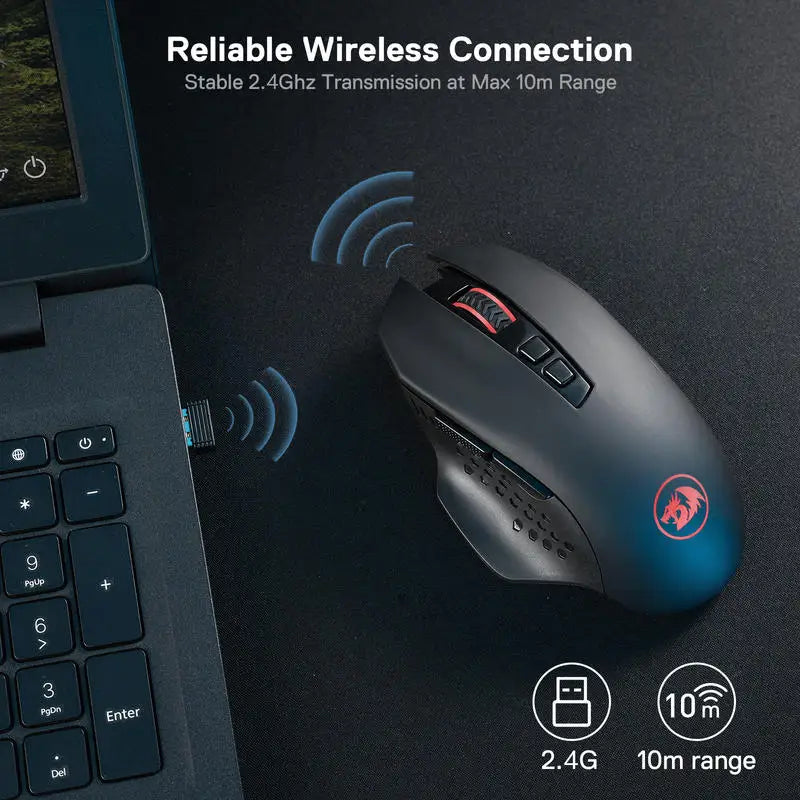 A dark gray wireless gaming mouse is shown next to a laptop keyboard, demonstrating reliable 2.4GHz connection and a 10m rang