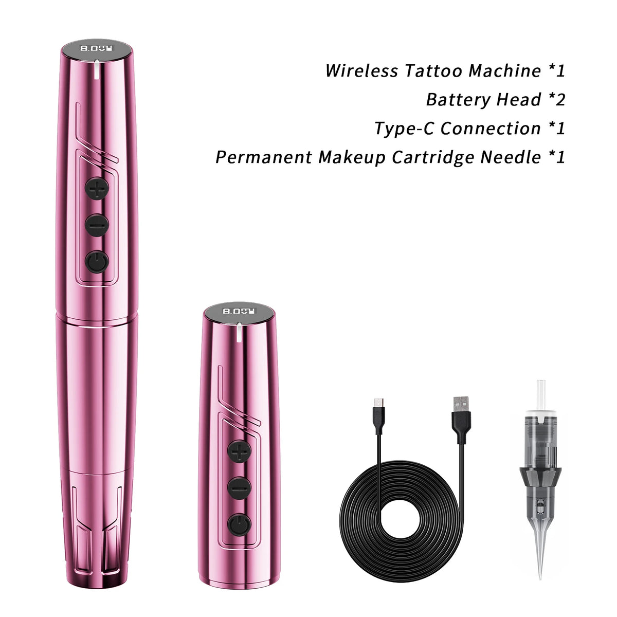 Juego de máquinas de tatuaje inalámbricas rosas, incluyendo cabezal de batería, cable de conexión USB-C y aguja para maquilla