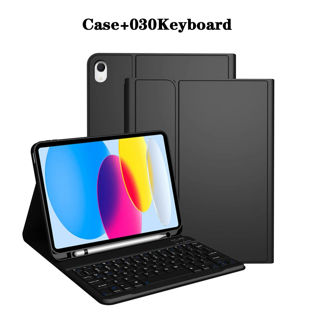 Estuche negro que contiene un iPad y un teclado Bluetooth desmontable.