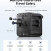 A black universal travel adapter featuring multiple safety guarantees including fuse protection and high flame-retardant PC m