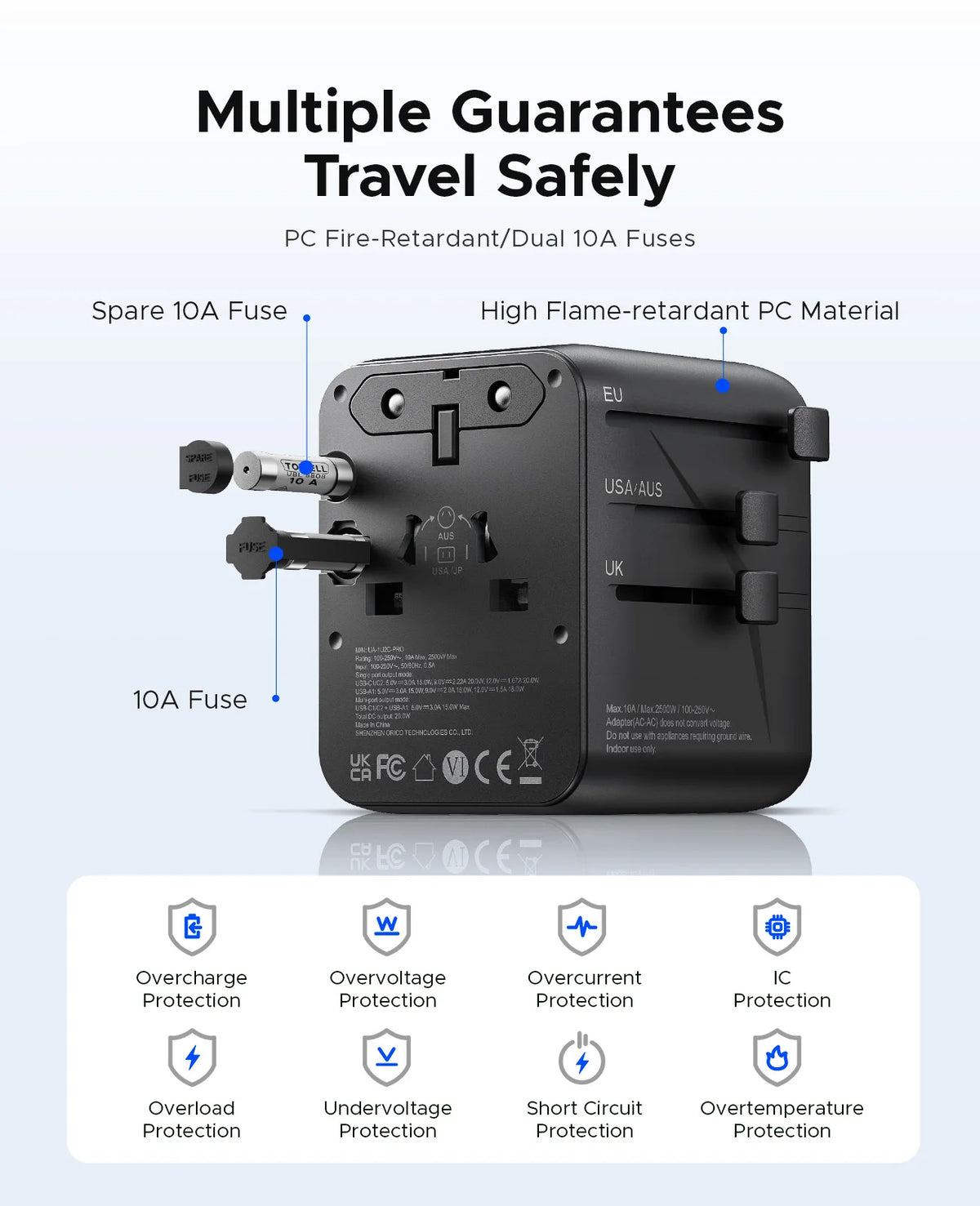A black universal travel adapter featuring multiple safety guarantees including fuse protection and high flame-retardant PC m