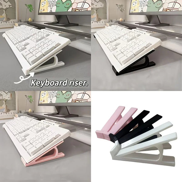 A set of white and pink keyboard risers used to elevate a computer keyboard for ergonomic typing.