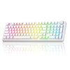 A white mechanical keyboard featuring colorful, translucent keycaps and a light-colored frame.