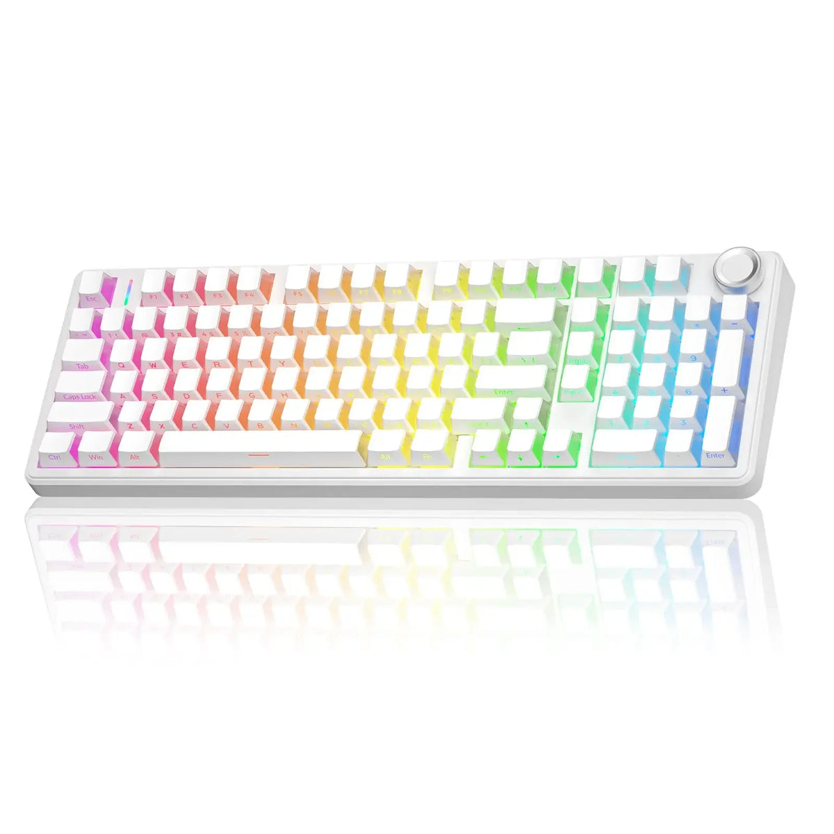 A white mechanical keyboard featuring colorful, translucent keycaps and a light-colored frame.