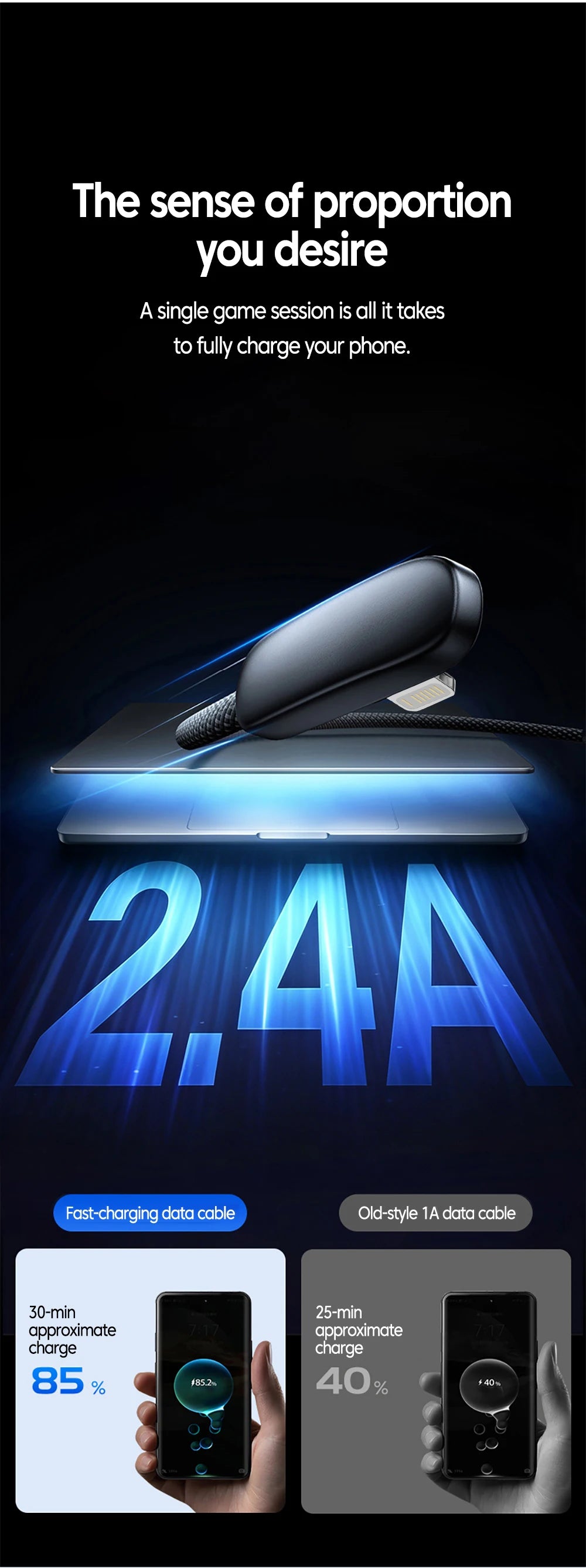 Câble de charge USB vers Lightning noir avec une lueur bleue, illustrant la charge rapide.