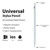 A white stylus pencil shown next to icons representing compatibility with Android, iOS, and Windows devices.