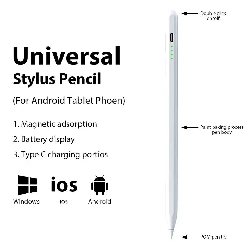 A white stylus pencil shown next to icons representing compatibility with Android, iOS, and Windows devices.