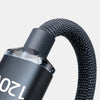 A close-up of a black 120W USB-C to USB-C fast charging cable with a braided nylon design and connector.