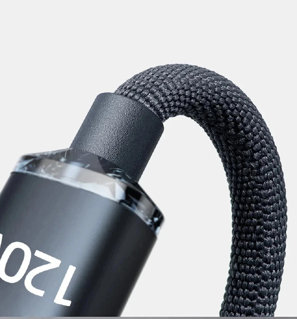 A close-up of a black 120W USB-C to USB-C fast charging cable with a braided nylon design and connector.