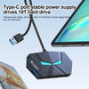 A Type-C port stable power supply drives a 10T hard drive, shown connected to a multi-port hub.