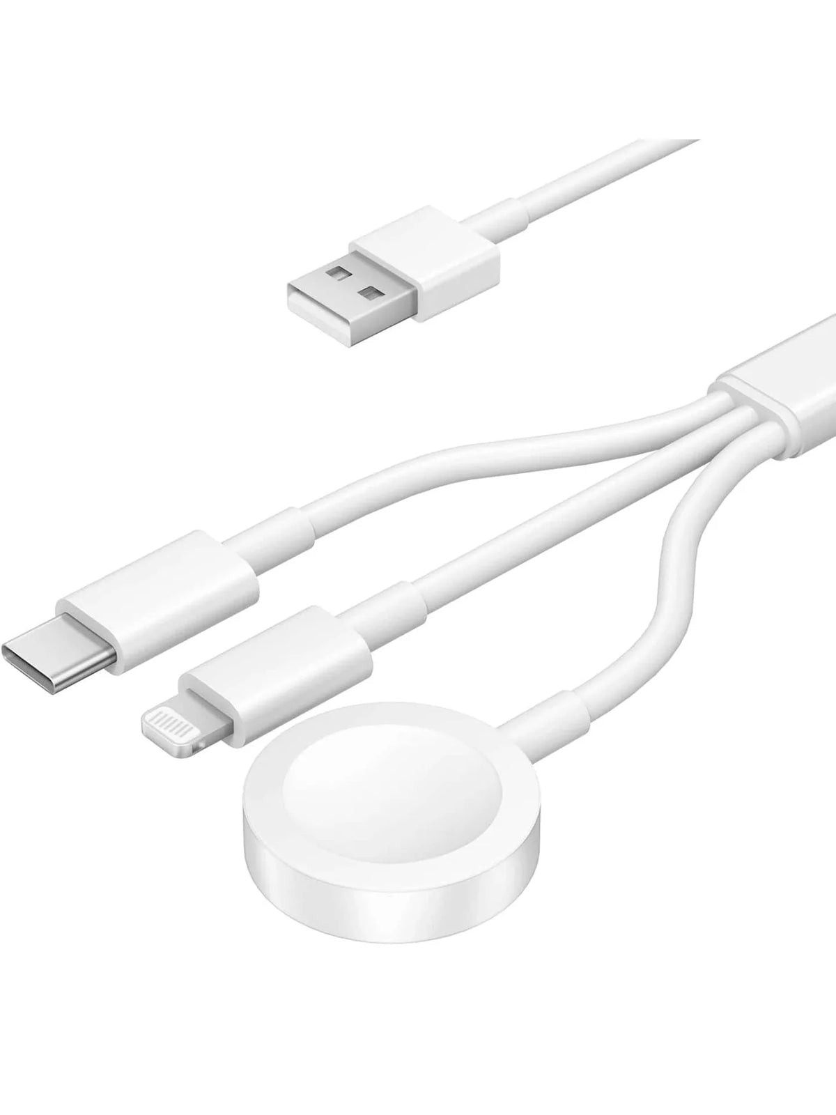 A white 3-in-1 charging cable featuring a USB connector, a power adapter, and a round charging puck.