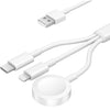 Cable de carga multi-dispositivo blanco con conector USB y almohadilla de carga redonda.