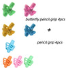 A collection of silicone pencil grips including butterfly and general pencil grips in various colors like green, pink, yellow