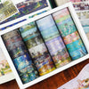 A set of oil painting themed decorative washi tape rolls in a white box.