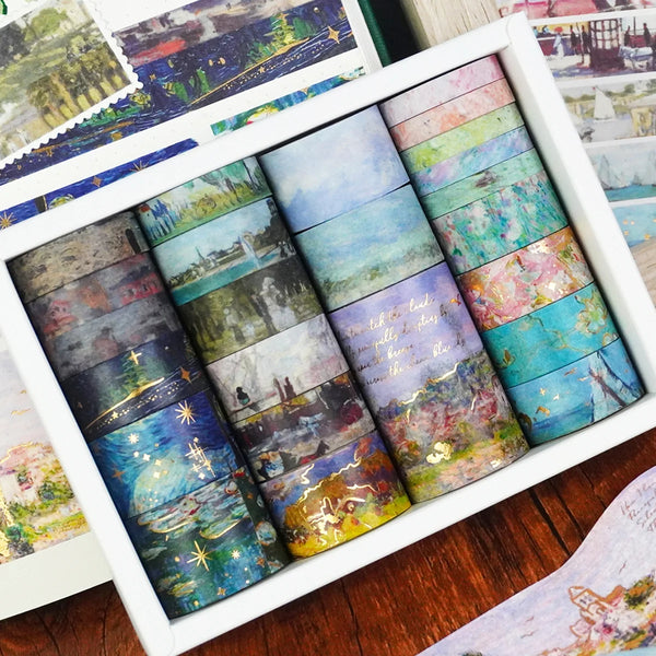 A set of oil painting themed decorative washi tape rolls in a white box.