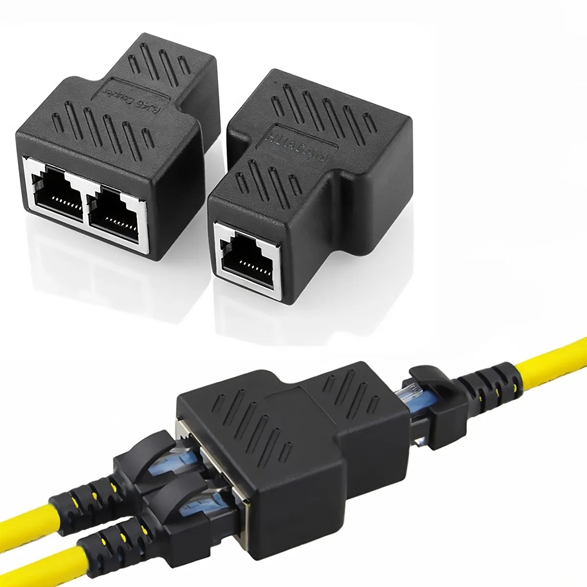 Schwarzer Dual-LAN-Ethernet-Splitter-Adapter mit gelben Kabeln zur Netzwerkverlängerung