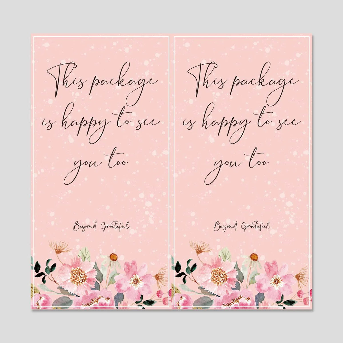 Two pink rectangular cards with handwritten text and floral accents for thank you notes