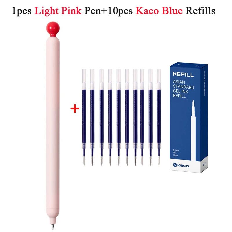 A set of 1 light pink gel pens and 10 blue refills for Kaco ink.
