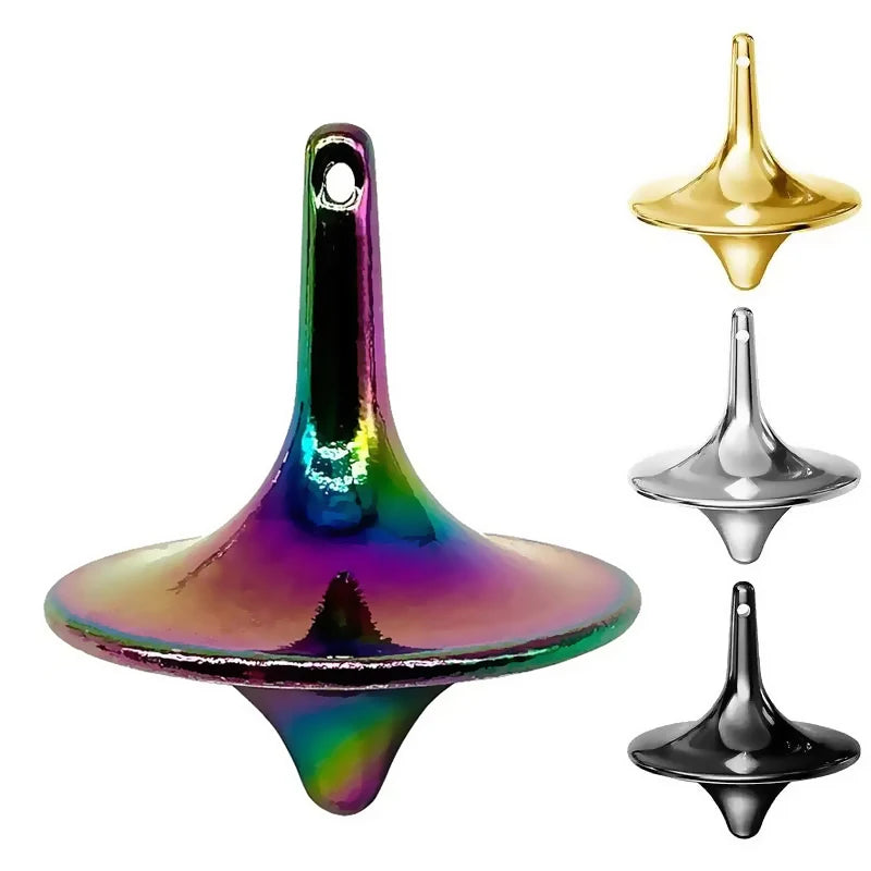 A shiny, iridescent metal hand spinning top fidget toy shown in multiple angles.