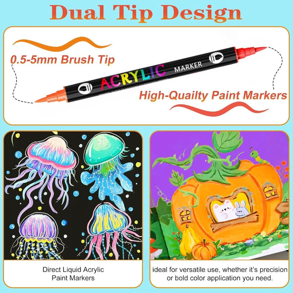Dual Tip Design acrylic paint markers showing various liquid paint applications on a dark background