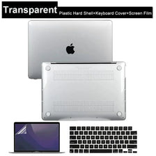 Laptop neben einer transparenten Hartschalenhülle, Tastaturabdeckung und Bildfolie.