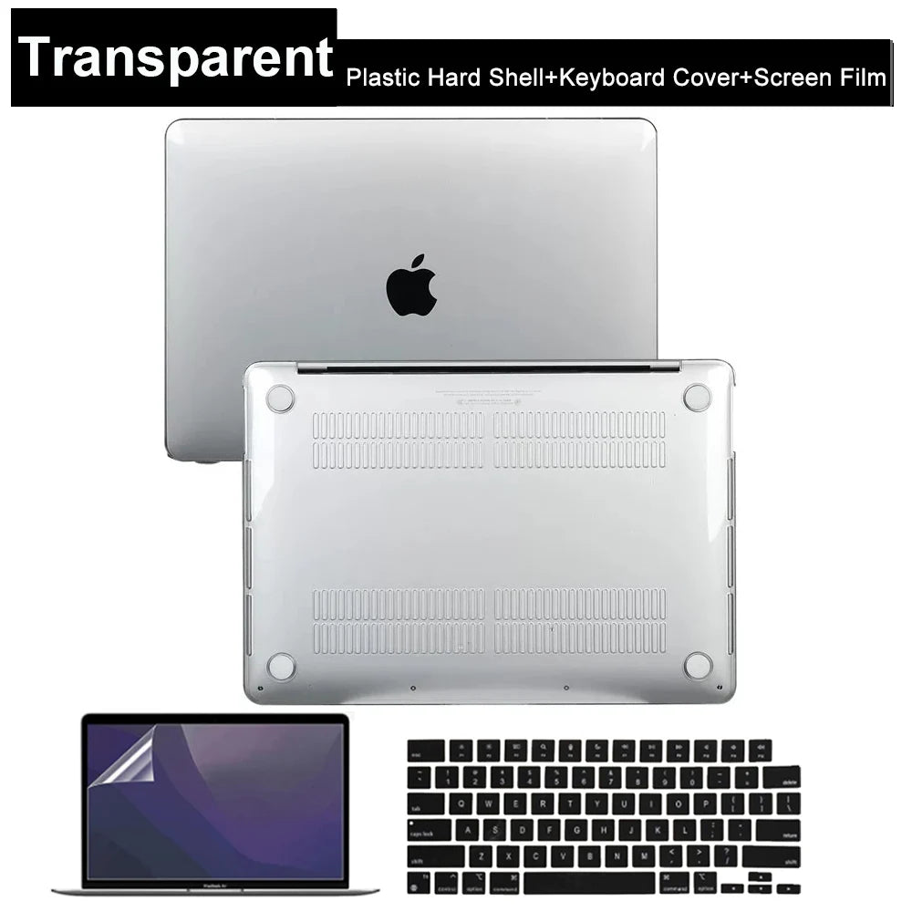 A laptop is shown alongside a transparent hard shell case, keyboard cover, and screen film.