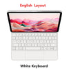 Clavier flottant magnétique blanc avec disposition anglaise et fond de paysage coloré.