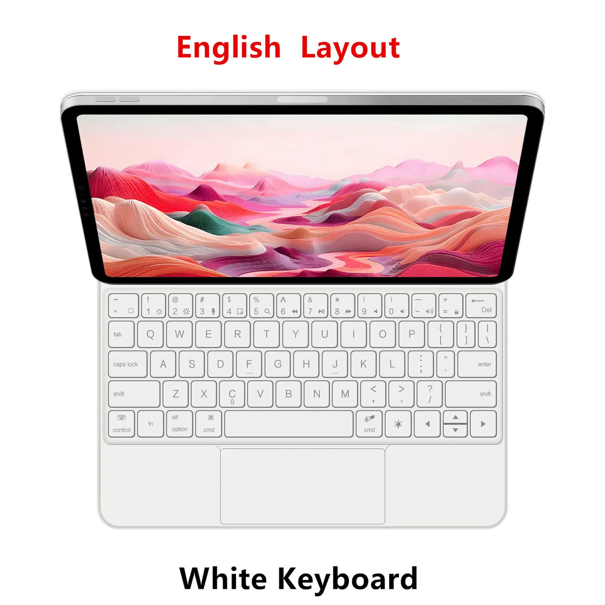 Clavier flottant magnétique blanc avec disposition anglaise et fond de paysage coloré.