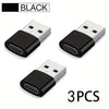 Three black USB to USB-C adapters for fast charging and data transfer