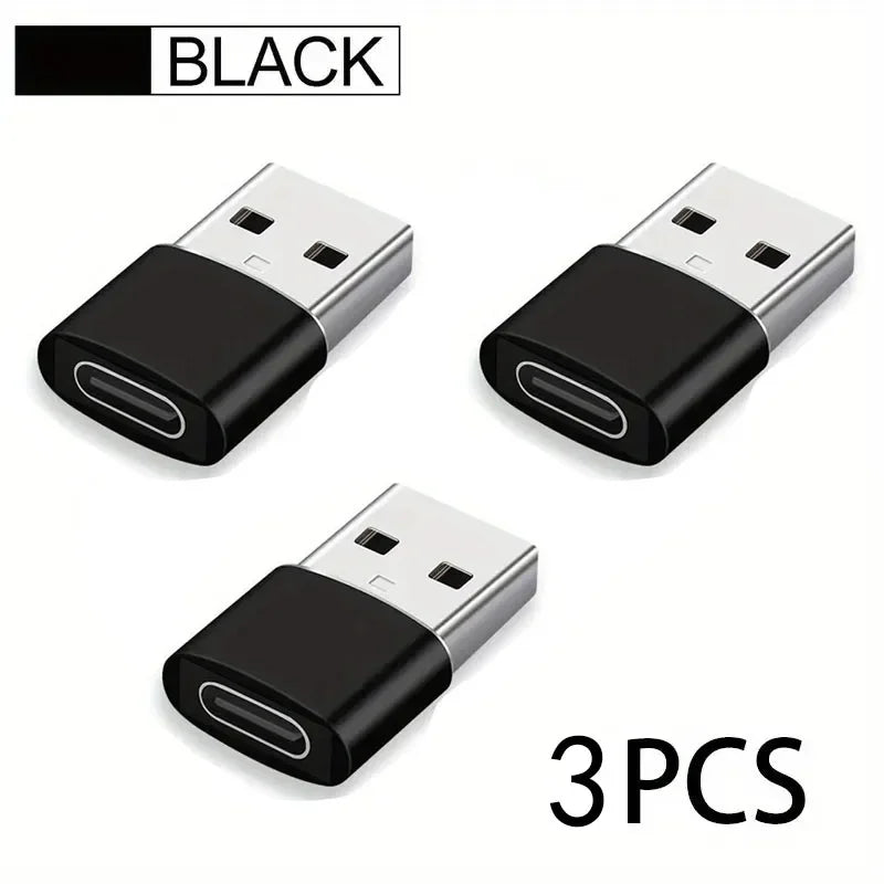 Three black USB to USB-C adapters for fast charging and data transfer