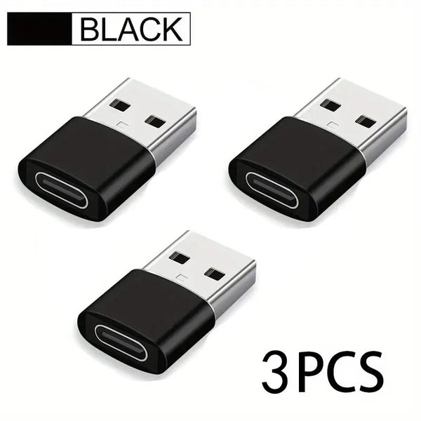 Three black USB to USB-C adapters for fast charging and data transfer
