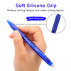 A hand holds a blue pen with a soft silicone grip, demonstrating the writing tool.