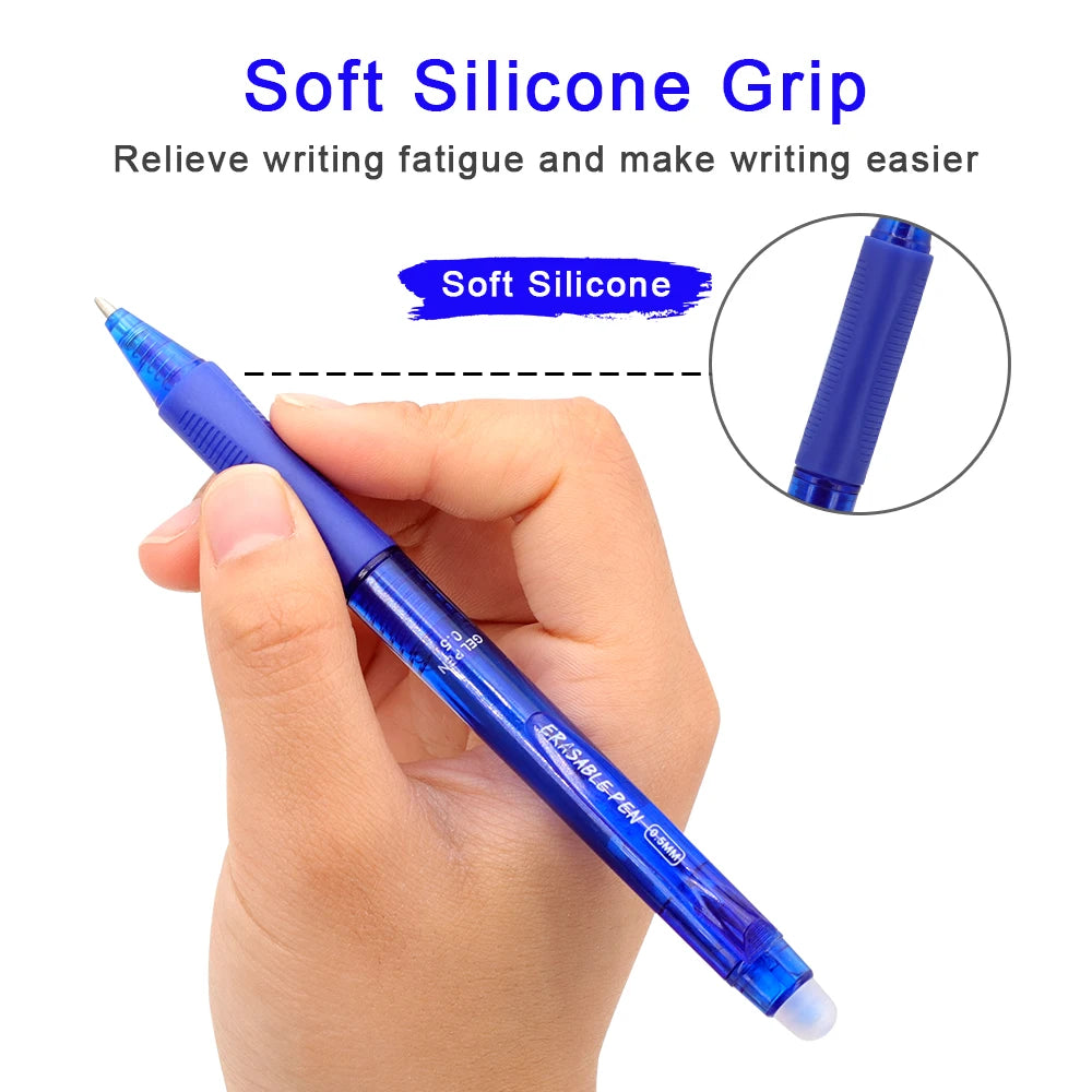 A hand holds a blue pen with a soft silicone grip, demonstrating the writing tool.