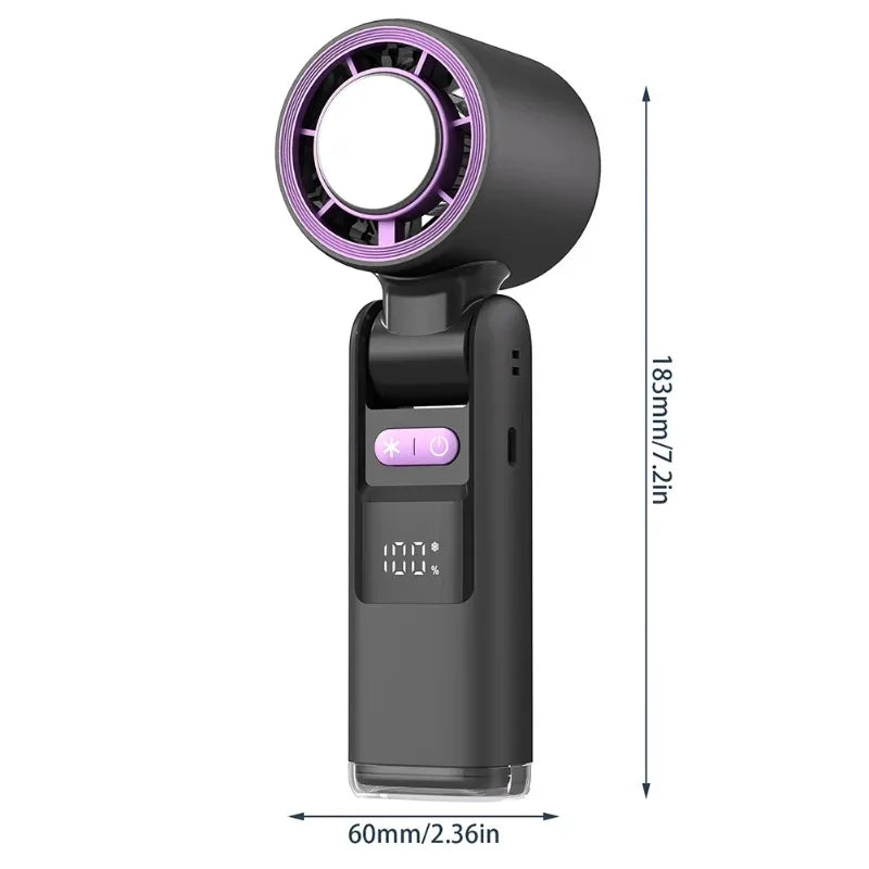 A black mini USB powered cold fan with a purple light ring and digital display.